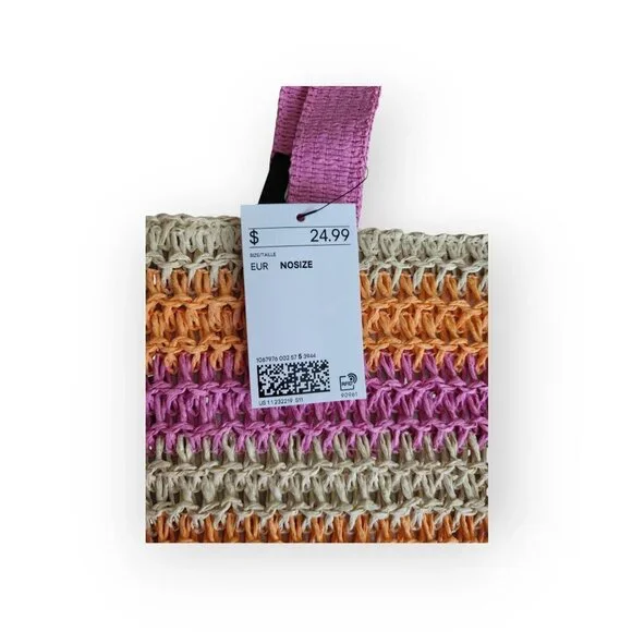 H&M Straw Crochet Oversized Beach Bag Pink Orange Tote NWT Summer Vacation - Picture 9 of 10